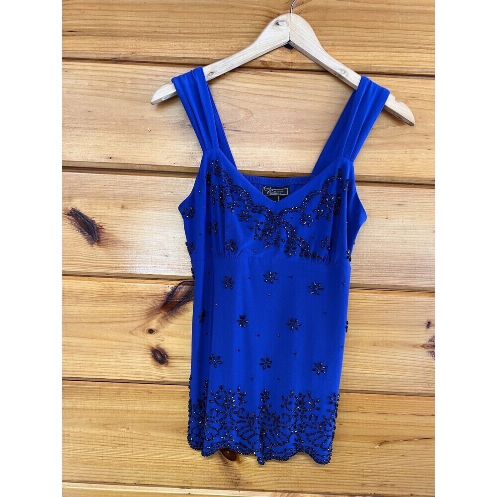 Dress Barn Top Blue With Black Beaded Floral Sleeveless Shirt Wide Strap PM